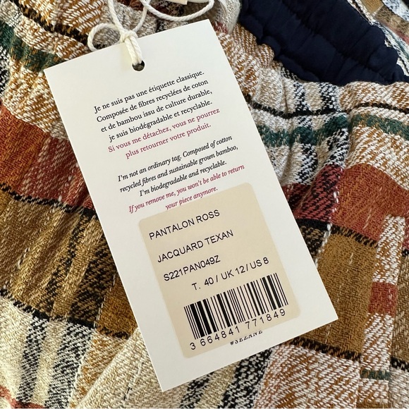 Sezane Ross Trousers Texan Plaid Jacquard Size 8 NWT Linen Cotton Blend - Picture 8 of 9